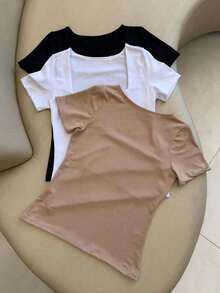 Kit 3 Blusas Basica Suplex Decote Quadrado Manga Curta Forrada 2025