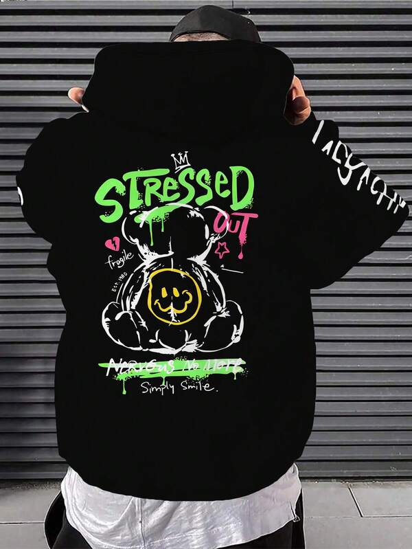 Sudadera con capucha de manga larga informal con cordón y forro polar con estampado de oso de peluche sonriente para hombre