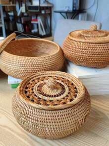 Vintage Rattan - Woven Storage Jar With Lid - Hand - Woven Multi - Purpose Storage Box, Suitable For Storing Tea, Snacks, Dried Fruits, Candies, Desserts - Natural Rattan Decorative Storage Container For Living Room Tabletop - Brown - View 4