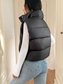 Chaleco sin mangas para mujer, de unicolor, con cuello alto, cálido y de moda, con diseño de botones delanteros, corto y sexy de estilo romántico, para otoño/invierno