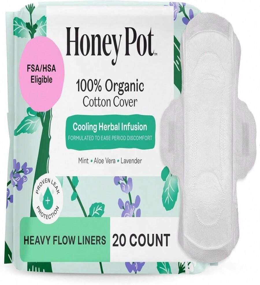 The Honey Pot Company - Herbal Sanitary Pads For Women - Heavy Flow W_Wings - Infused W_Essential Oils For Cooling Effect &Amp; Organic Cotton Cover - Feminine Care - 16 Ct - MàuC - Xem 1