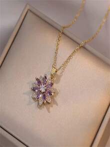 1pc Fashion Purple Flower Pendant Necklace, Unisex Jewelry Party Accessory, Gift For Couples & Friends