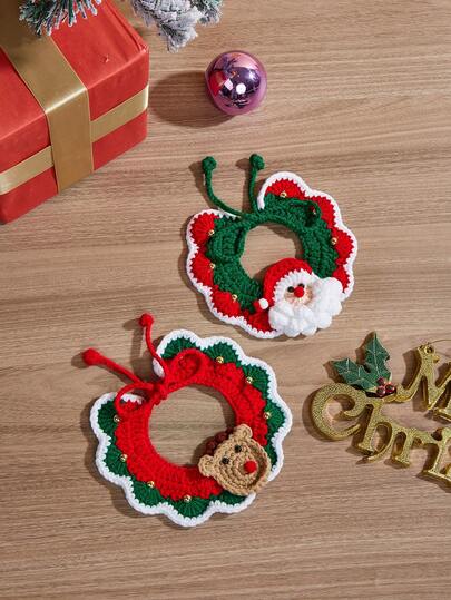 1pc Handmade Knitted Christmas Style Adjustable Pet Bib/Scarf, Soft & Comfortable For Small, Medium And Large Cats And Dogs, Suitable For Christmas Party Celebrations