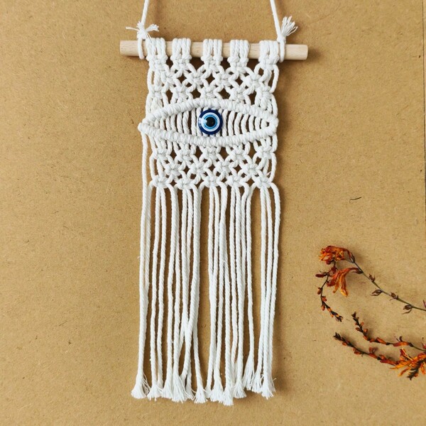Handmade Woven Tapestry With Blue Eye Ornament | Purely Handcrafted Small Wall Decor | Elegant And Minimalist Home Decoration For Blessings