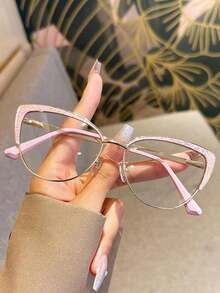 1 件装复古双色猫眼镂空优雅电脑眼镜，日常护眼，水钻闪亮时尚眼镜 - 彩色 - 查看 3