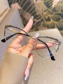 1 件装复古双色猫眼镂空优雅电脑眼镜，日常护眼，水钻闪亮时尚眼镜 - 彩色 - 查看 7