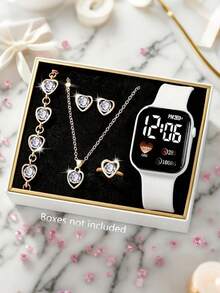 6/1pc Women's Fashionable And Cute LED Heart-Shaped Digital Display Electronic Watch, Suitable For Women To Wear, Equipped With Jewelry Bracelets, Necklaces, Rings, Earring Sets, Suitable For Daily Life Such As Gift Giving, Returning To School, Parties, And Travel, Birthday Gifts, Graduation Season, Christmas, Is The Perfect Gift For Women - Multicolor - View 17