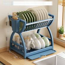 1 pieza Organizador de cocina de plástico, Soporte multifuncional para escurrir tazones y platos, Caja de almacenamiento de vajilla de doble capa