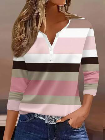 Blusa casual holgada de mujer con cuello en V, rayas y ribete de color contrastante, manga 3/4, 2025 para el mercado europeo y americano