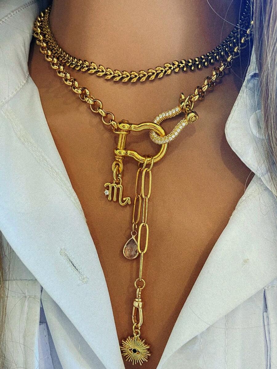 1pc Women's Necklace With Double Horseshoe Clasp, Zodiac Pendant And Evil Eye Pendant, Elegant And Versatile Design, Suitable For Formal Occasions And Festivals - Gold - View 1