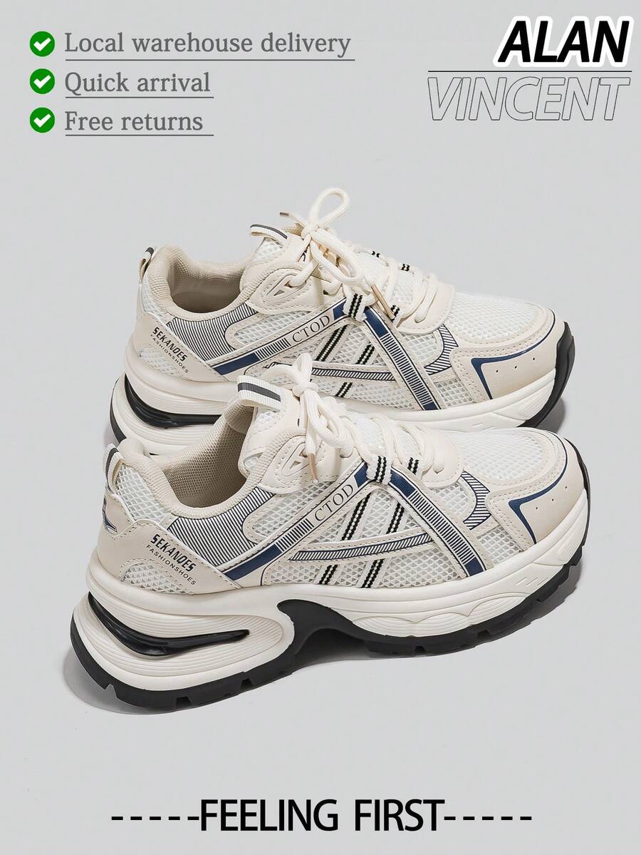 Alan Vincent[Free Returns And Exchanges][Local Delivery][Quick Arrival][Clunky Sneaker Series]Women's Sneakers Breathable And Cool Mesh Surface New Thick Soled Women's Beige And Blue Shoes Fashionable And Comfortable Soft Shoes Can Be Paired With Various Pants And Clothes Outdoor Sports Shoes - Màu xanh lam - Xem 1