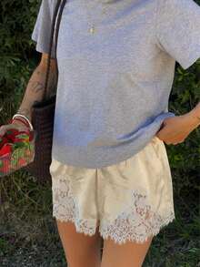 Women's Satin Lace Trimmed Irregular Hem Shorts, Summer Loose And Fashionable Solid Color Elastic Waist Shorts, Suitable For Women's Daily Wear - Rượu sâm banh - Xem 5