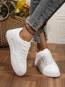 平底系带休闲运动鞋，街头风格情侣鞋，圆头拼接女鞋，秋季 - 白色 - 查看 2