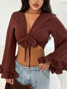 Multi-Form Cropped Tie-Up Flare Sleeve Loose Ruffle - Rust Brown - View 3