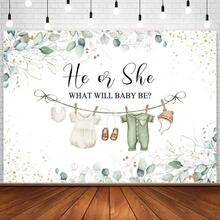 Greenery - Teln de fondo de fotos con texto en ingls He or She What Will Be or Clothes Neutral Party Decoration verde con hojas de eucalipto, fondo de fotos de. 5x - 7x5 pies - Ver 2
