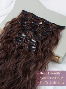 6 piezas de extensiones de cabello sintético ondulado tipo cola de sirena de 24 pulgadas de largo, adecuadas para mujeres, color marrón oscuro - Marron oscuro - Ver 6