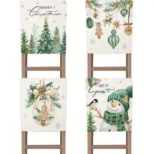 4PCS Holiday Christmas Chair Cover Set - Made Of Polyester, Detachable And Easy To Clean, Features Snowman, Pine Tree, And Decorative Designs, Green Holiday Decoration, Suitable For Living Room, Machine Washable, Modern Style, Christmas Decoration. - White - View 1