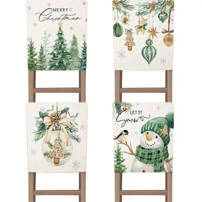 4 件套节日圣诞椅套套装 - 由涤纶制成，可拆卸且易于清洁，具有雪人、松树和装饰图案，绿色节日装饰，适合客厅，可机洗，现代风格，圣诞装饰。