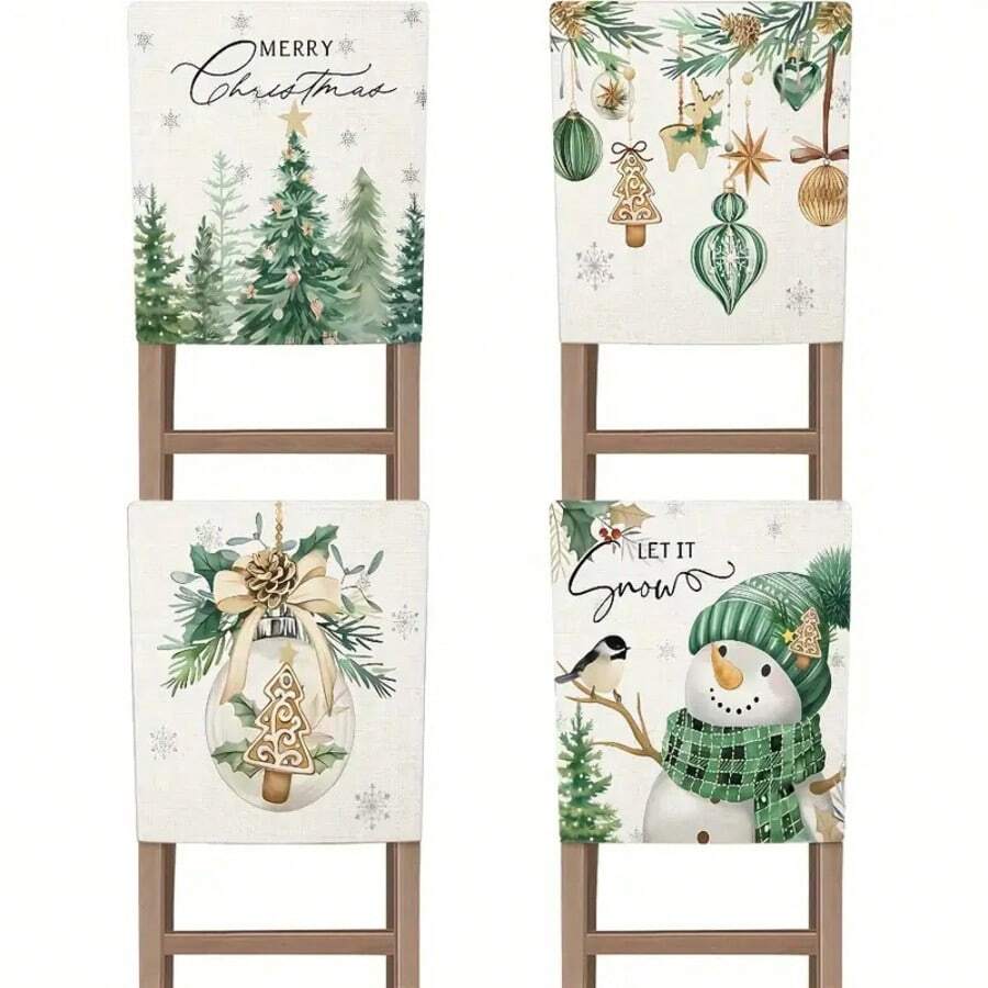 4PCS Holiday Christmas Chair Cover Set - Made Of Polyester, Detachable And Easy To Clean, Features Snowman, Pine Tree, And Decorative Designs, Green Holiday Decoration, Suitable For Living Room, Machine Washable, Modern Style, Christmas Decoration. - White - View 1