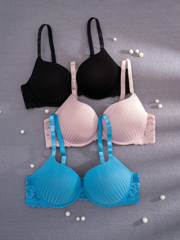 Set de 3 sujetadores de encaje con aros de confort de unicolor para tallas grandes de mujer