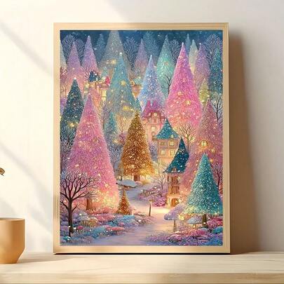 1pc 30x40cm Fantasy Winter Night Colorful Forest Diamond Painting, Colorful Trees Fairy Tale Town Starlight Snow Scene Pattern Unframed Adult Diamond Art Home Decor Artwork | Beginner DIY Easy To Start Holiday/Birthday Surprise Gift