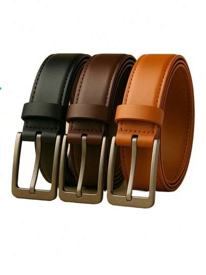 Kit 3 Cintos Masculinos 120cm – Preto Café Caramelo • Social Casual Jeans • Couro Sintético Resistente Ajustável