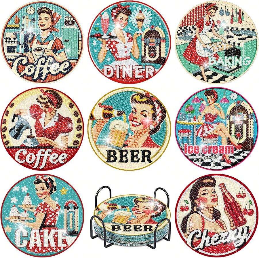 8Pcs Retro Housewife Diamond Art Coasters Kit, Vintage Coffee Diamond Painting Coasters With Holder, DIY Craf Art Coaster Kit For Home Dr - Bdwy234us - 查看 1