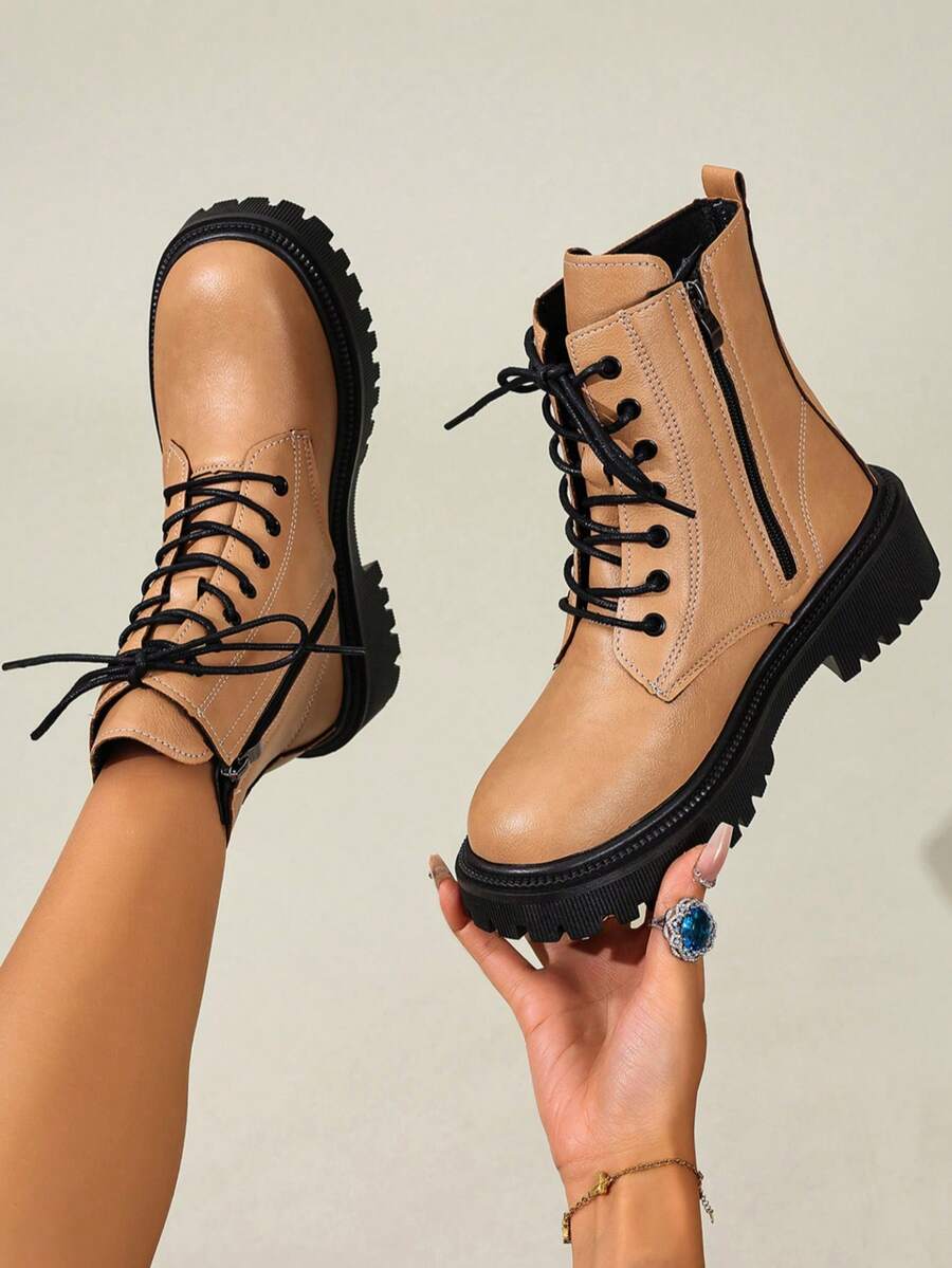 2025冬季新款女鞋，保暖冬靴，时尚百搭休闲女鞋，真皮踝靴，黑白系带侧拉链踝靴，平底女靴，女士踝靴，时尚女靴 - 卡其色 - 查看 1