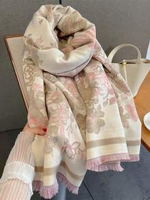 1 Stück Damen Dicke Khaki Blumen Muster Plüsch Wolle Doppelseitig Imitierter Kaschmir Quaste Gestrickter Schal Elegant und Modisch Warmer Schal Umhang für Damen und Herren zum Anziehen