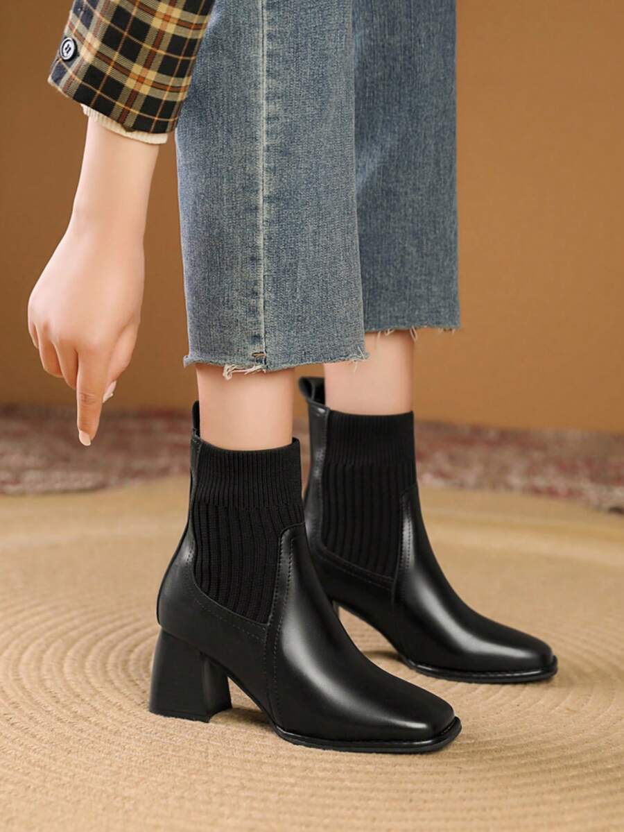 2025 Western Style French Chunky Heel Short Boots For Women, Solid Color High-End Autumn/Winter New Knitted Elastic Boots, Slim Fit Square Toe Mid Heel Fashion Booties - Black - View 1