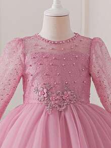 Shiny Red Princess Tulle Dress, Lace & Beaded Details, Elegant Long Sleeve Mesh Dress, Suitable For Weddings, Piano Bird Pattern, Polyester Party Gown, Wedding Guest Dress - Pink - View 5