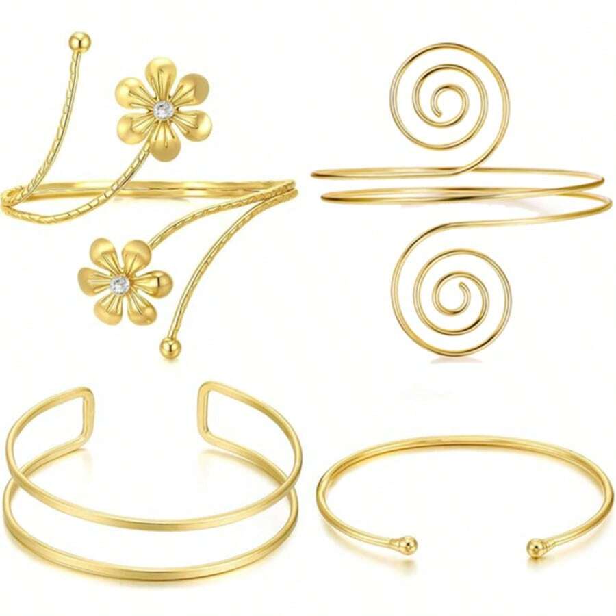 4PCS Upper Arm Cuff Jewelry For Women, Minimalist Arm Cuff Bracelet, Adjustable Coil Armlet