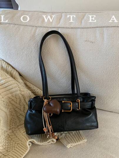  1pc Low Tea Solid Color PU Leather Shoulder Bag, Women's Retro Fashion Square Handbag With Top Double Handles, Zipper Closure, Suitable For Travel, Shopping, Dating, Women's Gift, Great For Commuting, Outdoor, Travel, Hiking