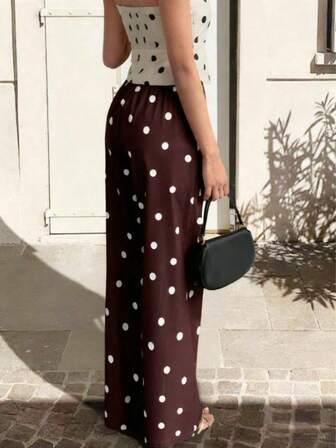 大码女式百搭舒适法式波点棕色裤子