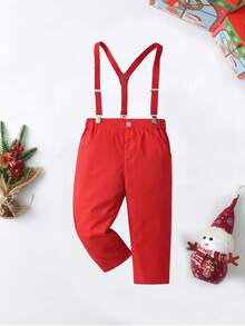 BOARNSEORL Bộ 2 bộ trang phục quý ông cho bé trai, áo sơ mi dài tay in họa tiết ngẫu nhiên có nơ và quần yếm, thời trang cho tiệc sinh nhật, kỷ niệm, giáng sinh - Đỏ - Xem 5