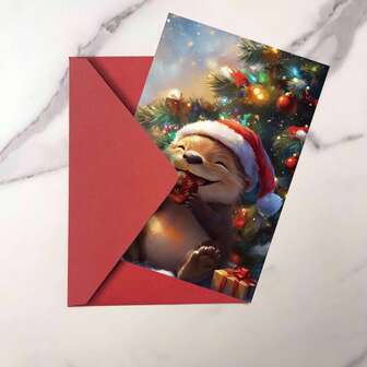 1/2 张可爱水獭圣诞/生日贺卡，冬季主题，送给动物爱好者的完美礼物，带信封，适合家人、朋友、女儿、侄女、孙女，优质厚卡纸，质地舒适