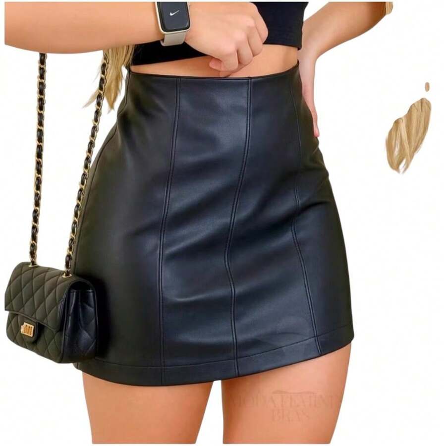 Short Leather Skirt - màu đen - Xem 1