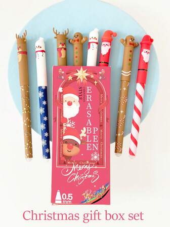 12 支圣诞礼盒套装可擦凝胶笔，包含 8 支替换芯，0.5 毫米可擦圆珠笔，带有圣诞老人、驯鹿、雪人图案，适合圣诞派对礼物、学生圣诞礼物