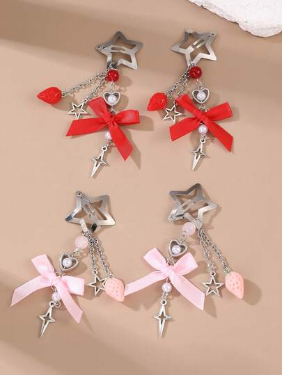 2 piezas Accesorios para el cabello de mujer, elegantes y dulces en estilo rosa, rojo y crema con mariposa, fresa, estrella y colgante de pentagrama, adecuados para uso diario, festivales y fiestas