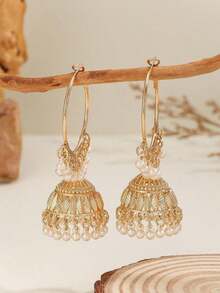 1 Pair Fashionable Faux Pearl Hoop Earrings With Bell Pendants, Simple Solid Color, Elegant Earrings Design, Suitable For Women For Daily, Festival, Wedding And Party Wear/Jewelry Gift - 彩色 - 查看 1