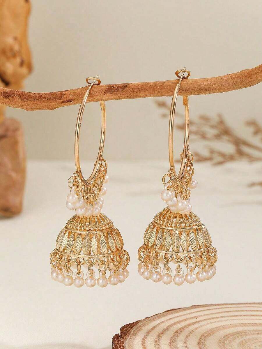 1 Pair Fashionable Faux Pearl Hoop Earrings With Bell Pendants, Simple Solid Color, Elegant Earrings Design, Suitable For Women For Daily, Festival, Wedding And Party Wear/Jewelry Gift - 彩色 - 查看 1