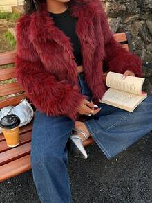 Nuevo abrigo de mujer casual de imitación de piel de borrego elegante y de alta gama en color burdeos para otoño e invierno, con mangas largas, cuello alto, de corte holgado y estilo suelto, ideal para salidas nocturnas, fiestas, citas, campo, regreso a casa, casual, vacaciones, Año Nuevo y talla grande.