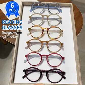 6 Pairs Round Retro Reading Glasses, Men's And Women's Universal Reading Glasses, Multi-Color/Patterned/Retro Round Frame, Degree+1.0 To+4.0, Whether It's Reading Books And Newspapers, Reading Small Words On Mobile Phones, Or Daily Backup, They Are All Super Practical, For Elders Or For Oneself