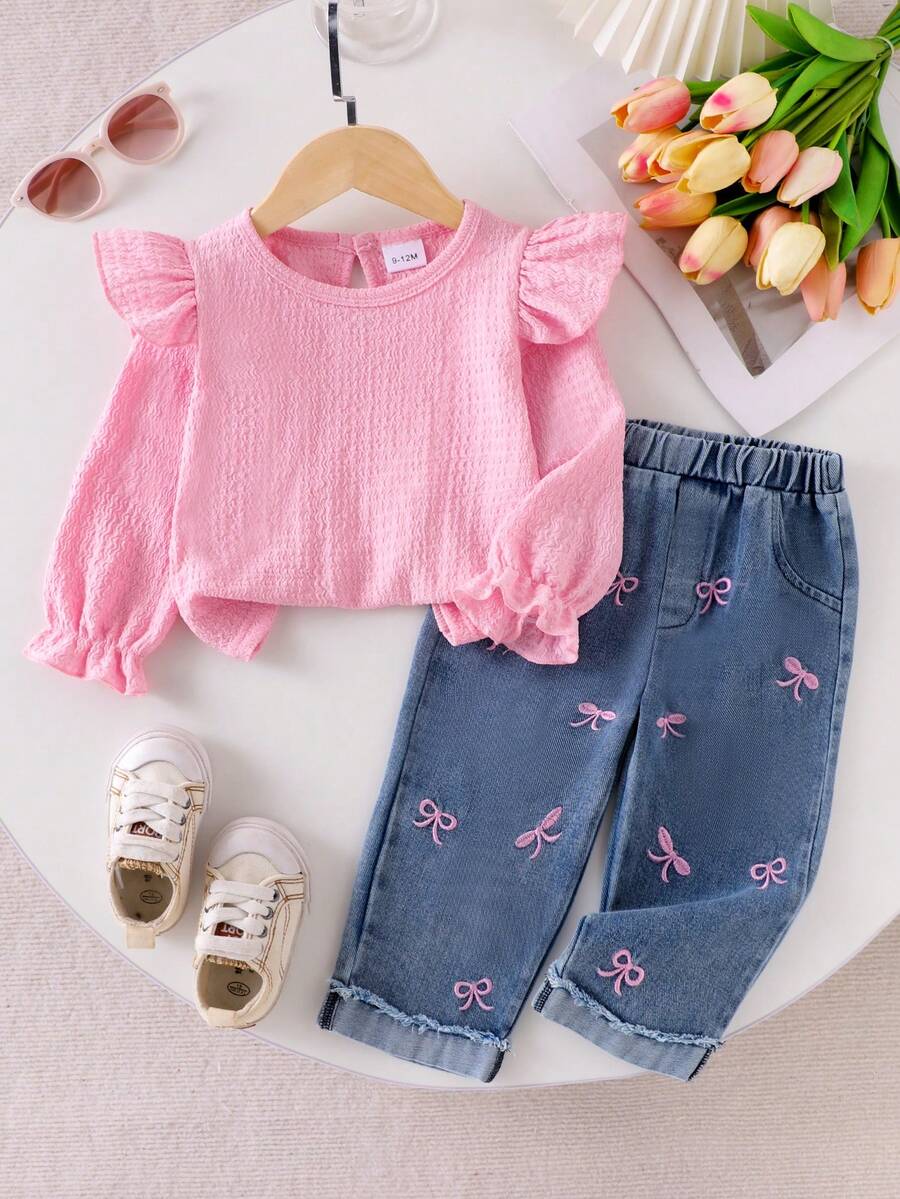 2pcs Baby Girl Casual Solid Color Ruffle Trim Long Sleeve Top And Butterfly Embroidery Frayed Hem Elastic Waist Denim Pants Set, Spring/Autumn - Hồng - Xem 1