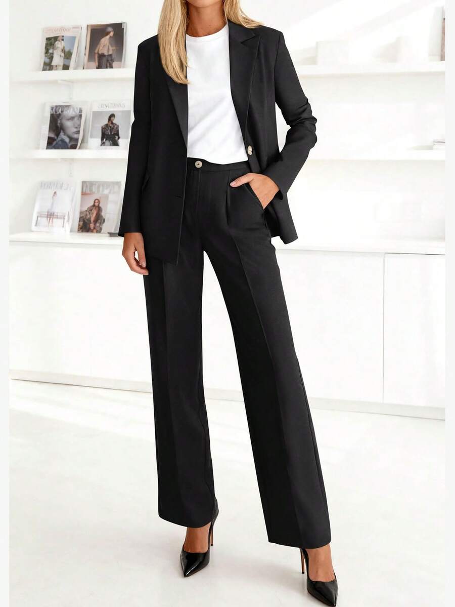 Women's Two-Piece Suit Business Casual Blazer And Wide-Leg Pants Set Professional Office Attire - 黑色 - 查看 1