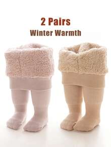 2 Pairs Girls Tights Baby Toddler Leggings Socks Khaki And Pink Children's Thickened Winter Tights For Girls: Warm, Soft, Simple Design, Versatile For Outdoor & Daily Use Suitable For Winter Outdoor Wear And Sports.