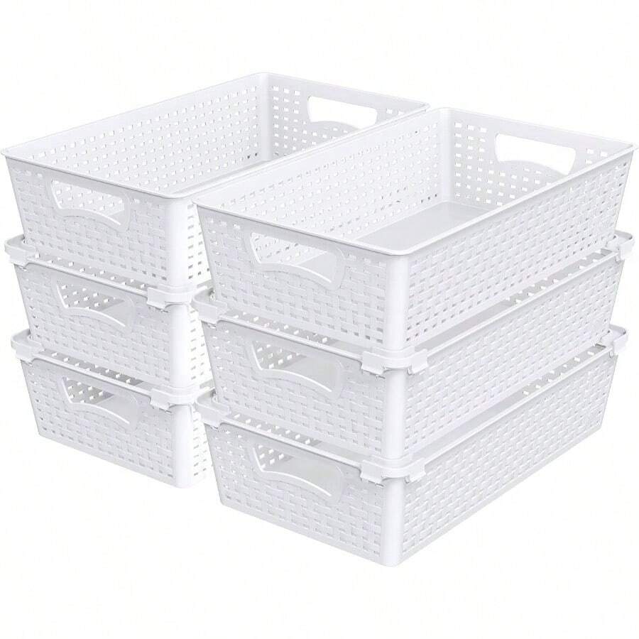 SimpleHouseware Stackable Plastic Woven Basket Storage And Pantry Organizer Bin, 6 Pack, White