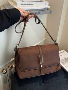 1pc Fashion Versatile Women's Crossbody Bag, Solid Color Retro Flap Shoulder Bag With Adjustable Strap, Large Capacity Casual Everyday Bag Suitable For Young Women - Outings, Shopping, Classroom, Dates, Gifts, Office, Work, Travel - Coffee - View 5