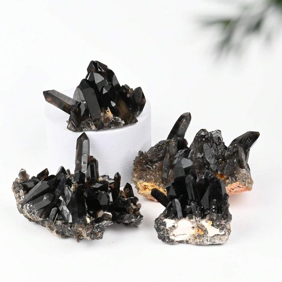 1pc Natural Smoky Quartz Crystal Cluster - Raw Unpolished Stone With Black & Clear Veins, Grounding Energy Decor For Home Altar, Spiritual Gift For Father's Day, Graduation, June Festival, Alter Decoration, Tree Like Formation, Vegetation Lookalike