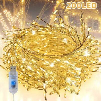 1pc, 200/100 LED Christmas String Lights, Battery Operated Or USB-Powered Copper Wire Firecracker String Lights, Warm White Christmas Decorative Lights, 8 Lighting Modes, Silvery Copper Wire Flashing Lights, Suitable For Home, Party, Wedding, Wreath, Christmas Tree, Christmas Tree Decorations, Christmas Decorations, Christmas Decorations